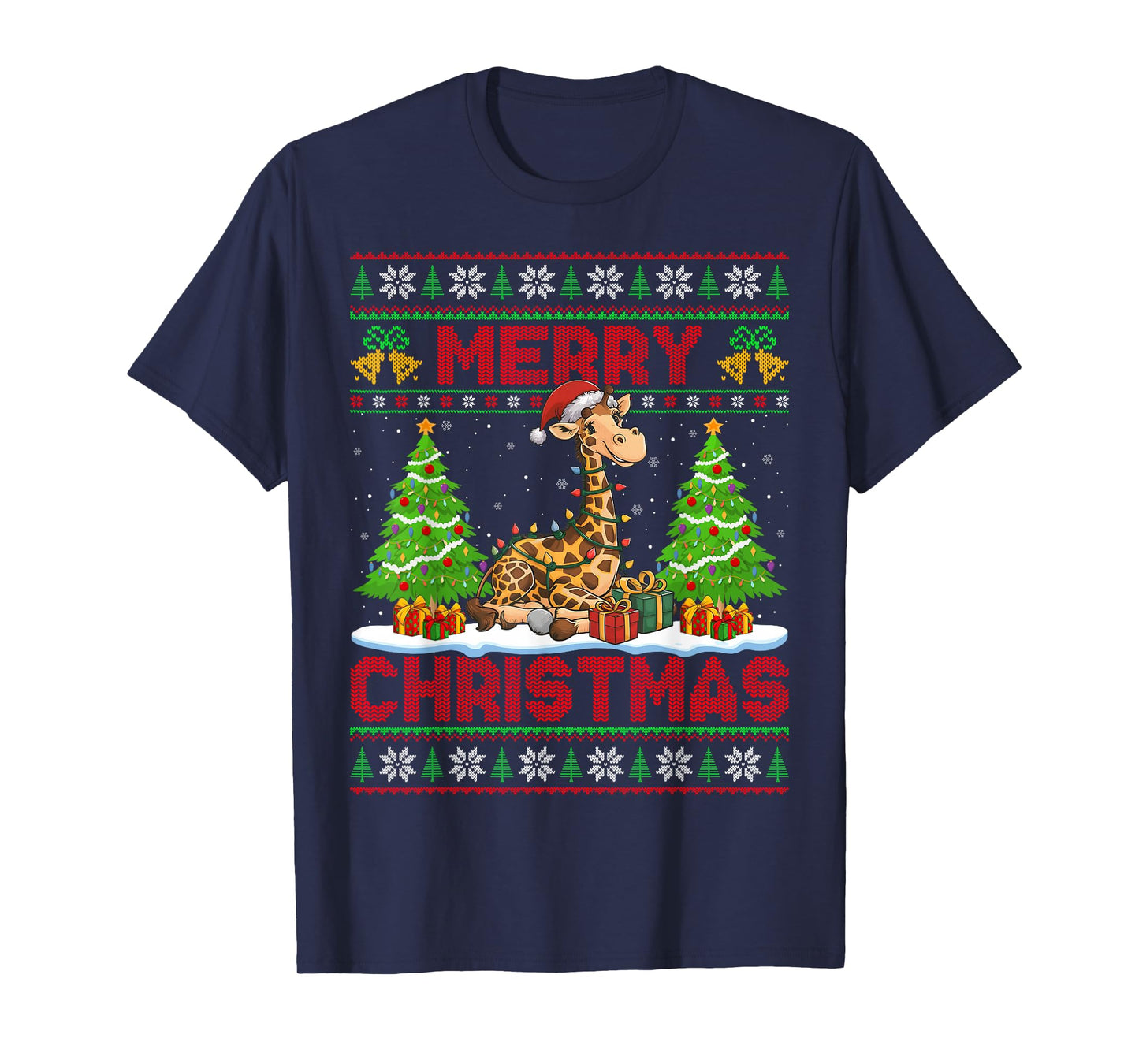 Giraffe Ugly Christmas Sweaters Funny Santa Hat Lights Xmas T-Shirt