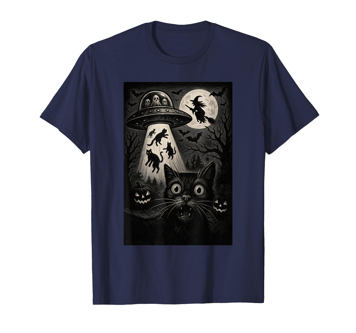 Halloween Cat Selfie Scary Alien Abduction Cats UFO Flying T-Shirt
