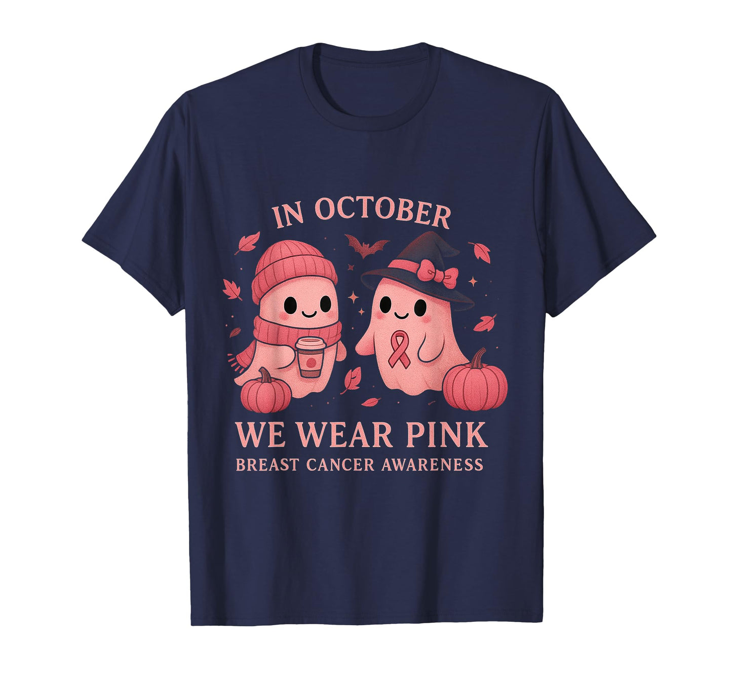 in October We Wear Pink Breast Cancer Awareness Ghosts T-Shirt