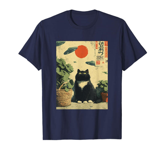 Cute Vintage Japanese Cat UFOs Space Aliens Kids Adults T-Shirt