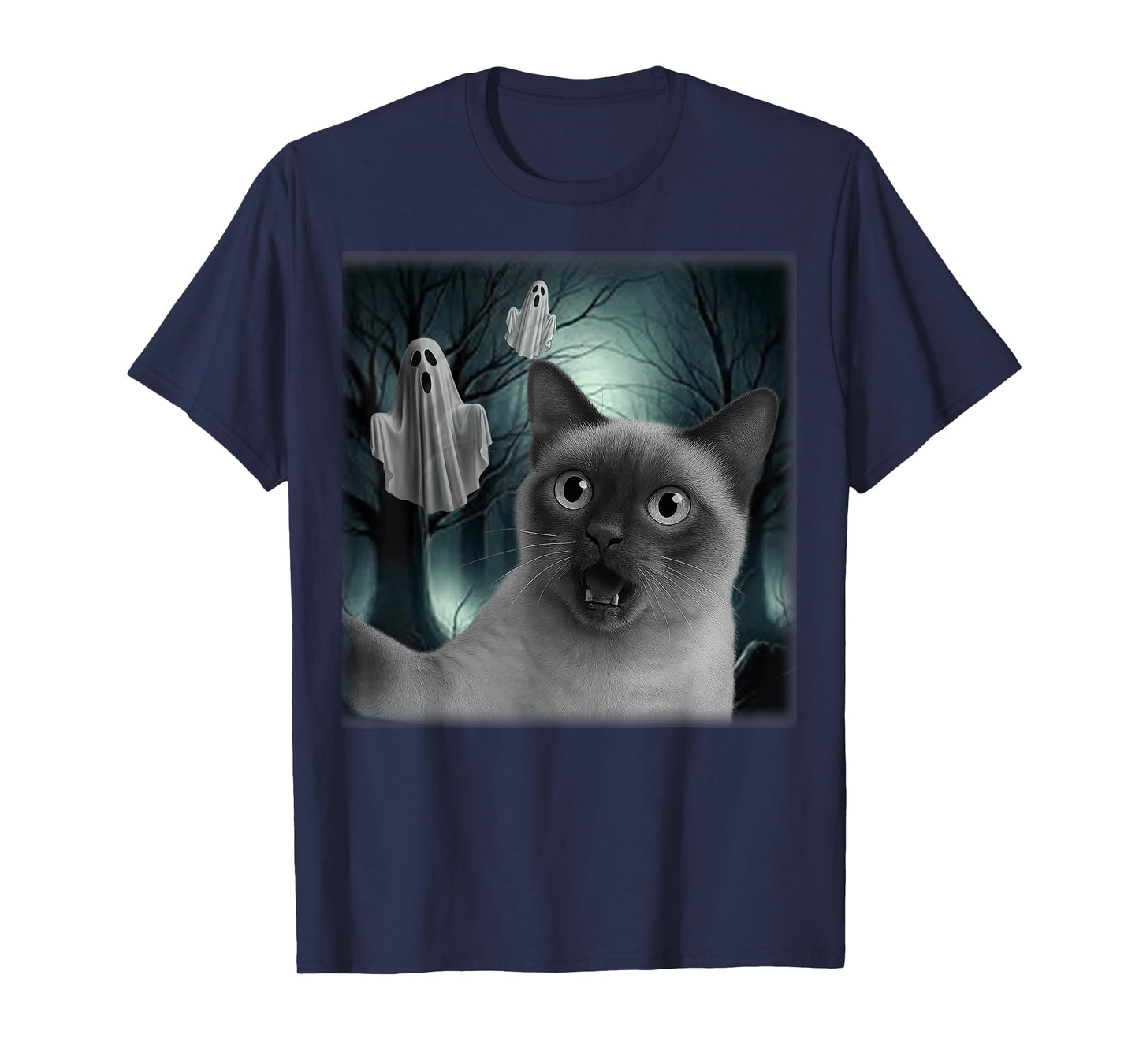 Halloween Siamese Cat Selfie with Spooky Ghost Cat Lovers T-Shirt