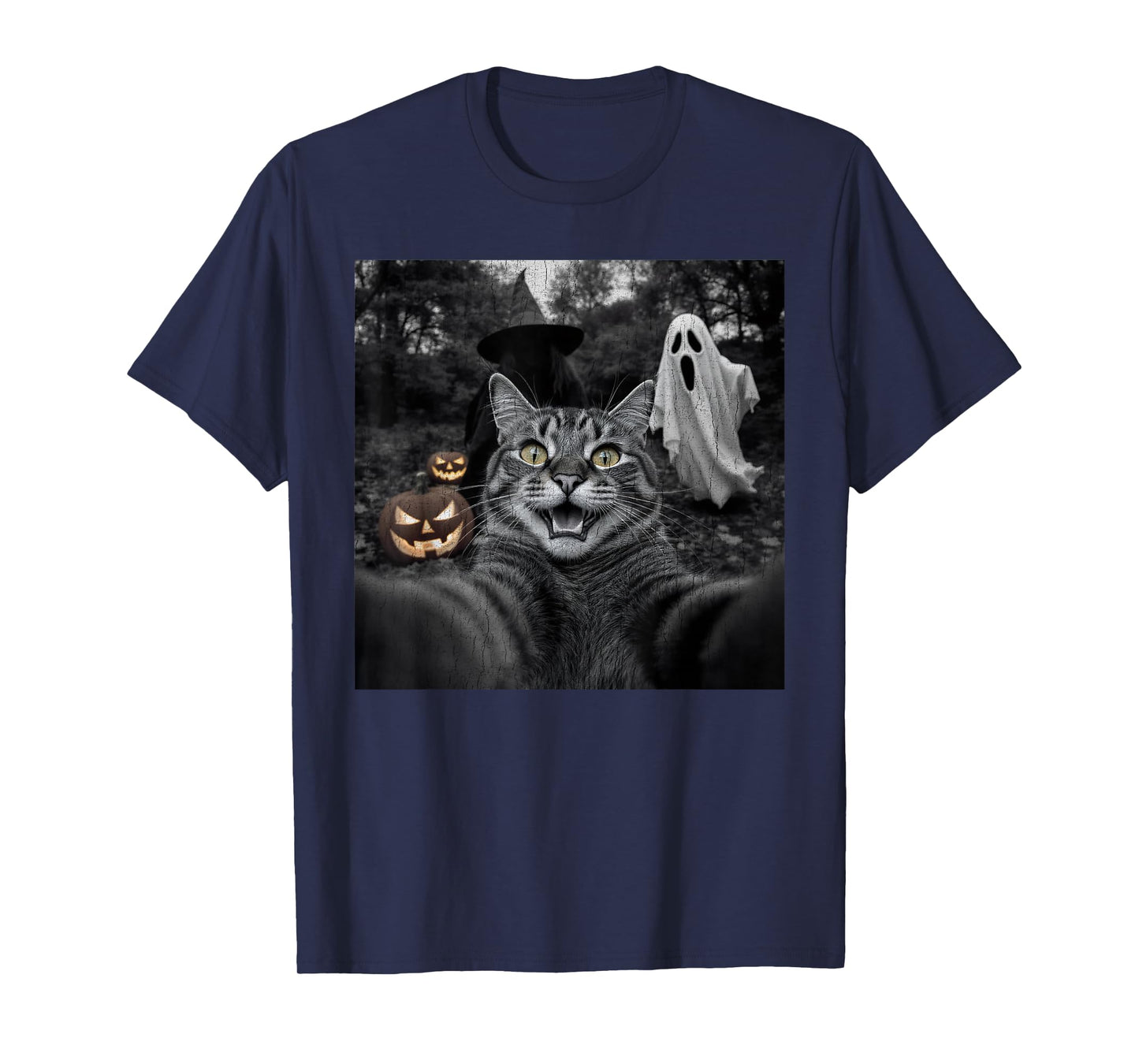 Funny Cat Selfie with a Witch & Ghost Scary Halloween T-Shirt
