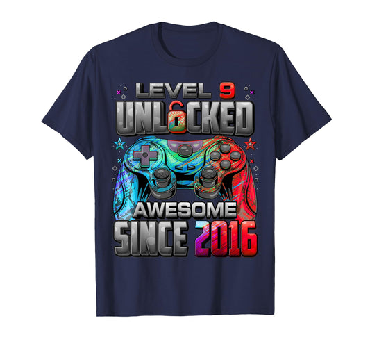 Level 9 Unlocked Awesome Since 2016 9th Birthday Gaming T-Shirt