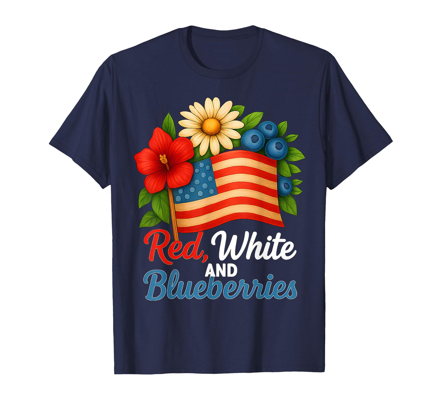 Red, White and Blueberries Floral Flag Vintage Men Women T-Shirt
