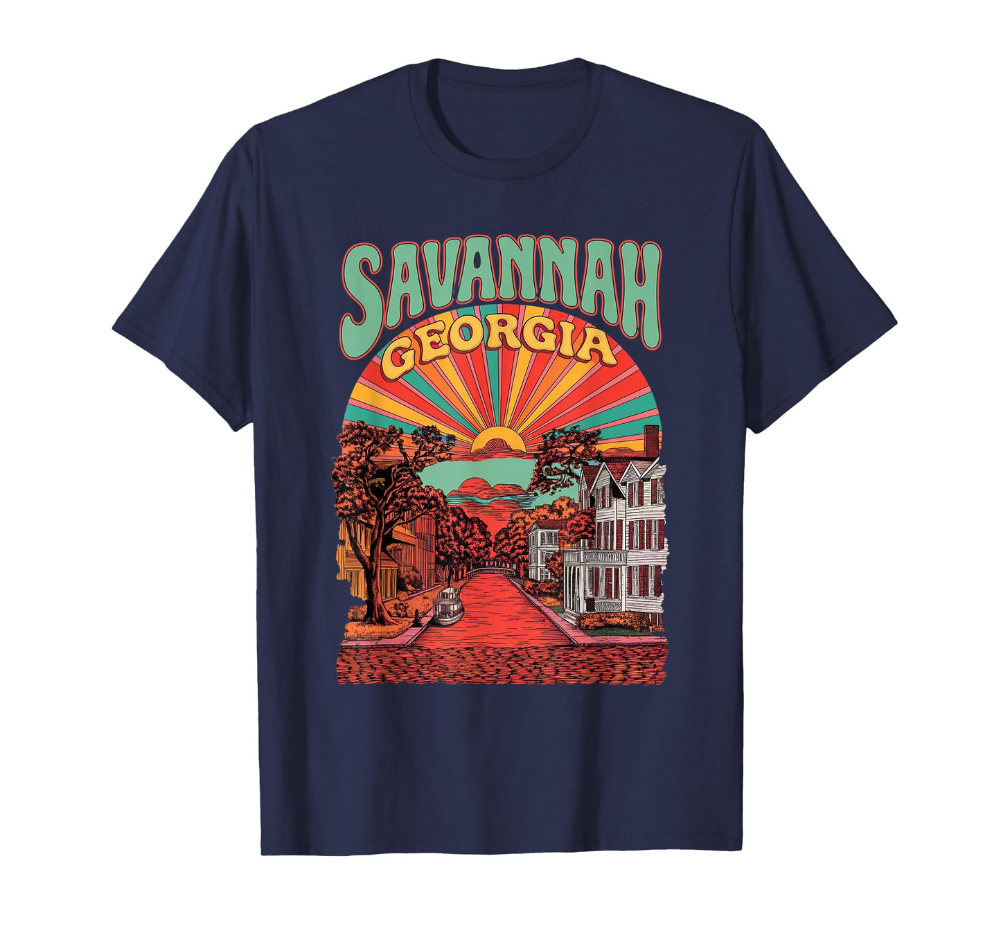 Vintage Savannah Georgia Sunset Skyline Cityscape Retro T-Shirt
