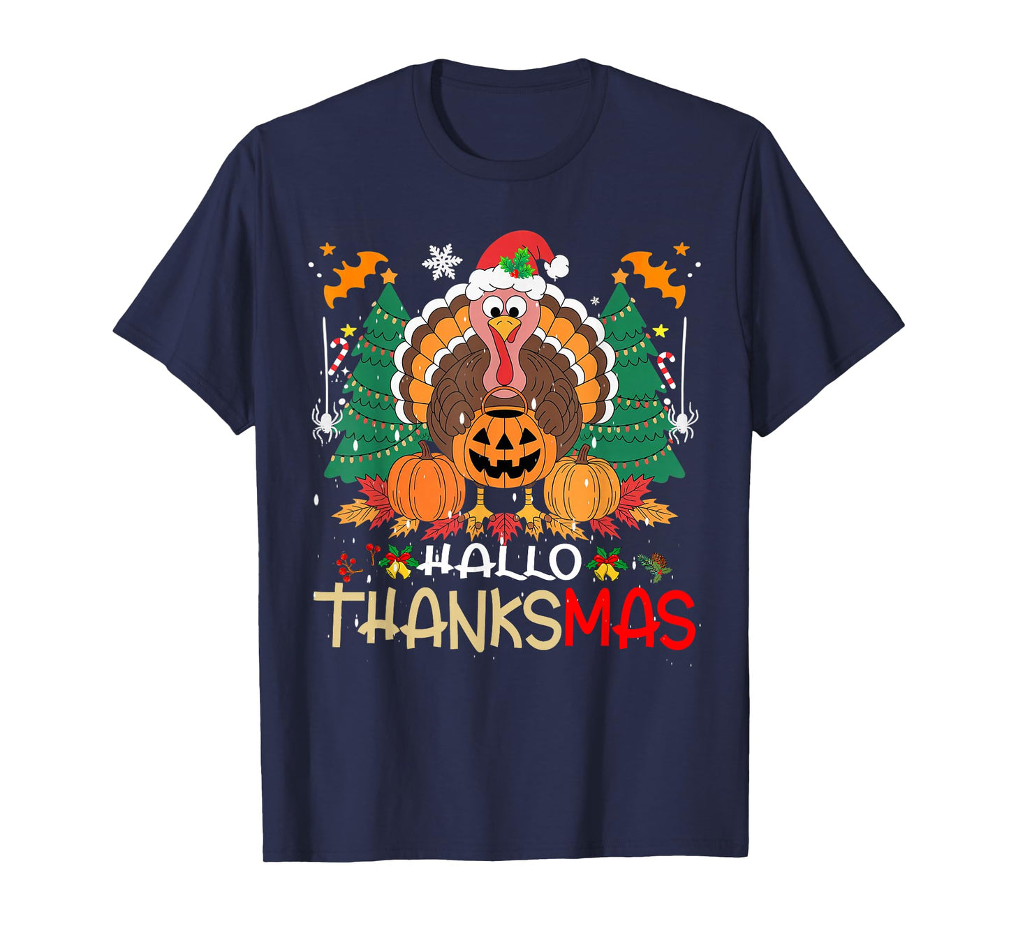 Funny HalloThanksMas Happy Thanksgiving Santa Turkey T-Shirt