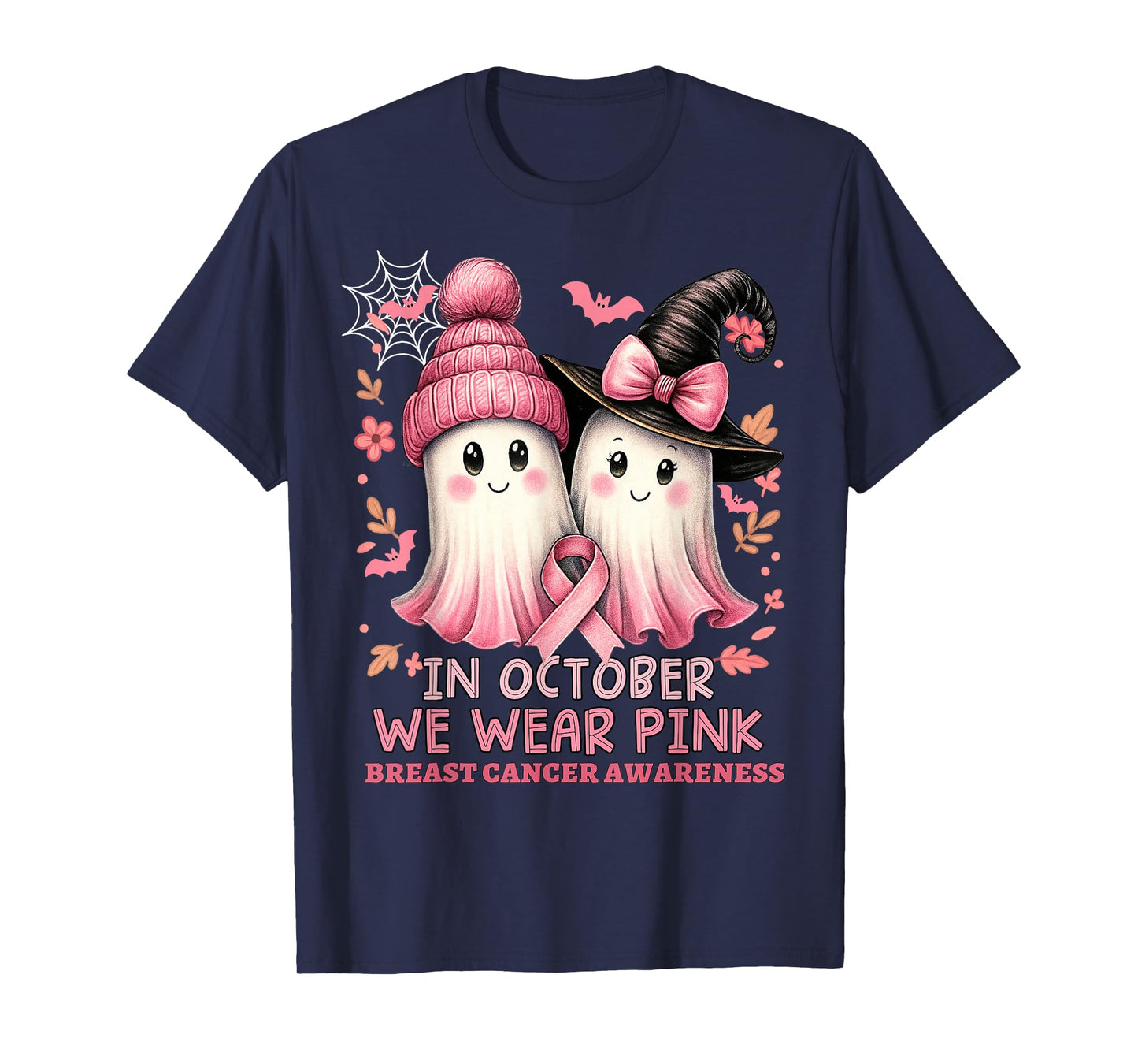 in October We Wear Pink Ghost Witch Breast Cancer Awareness T-Shirt