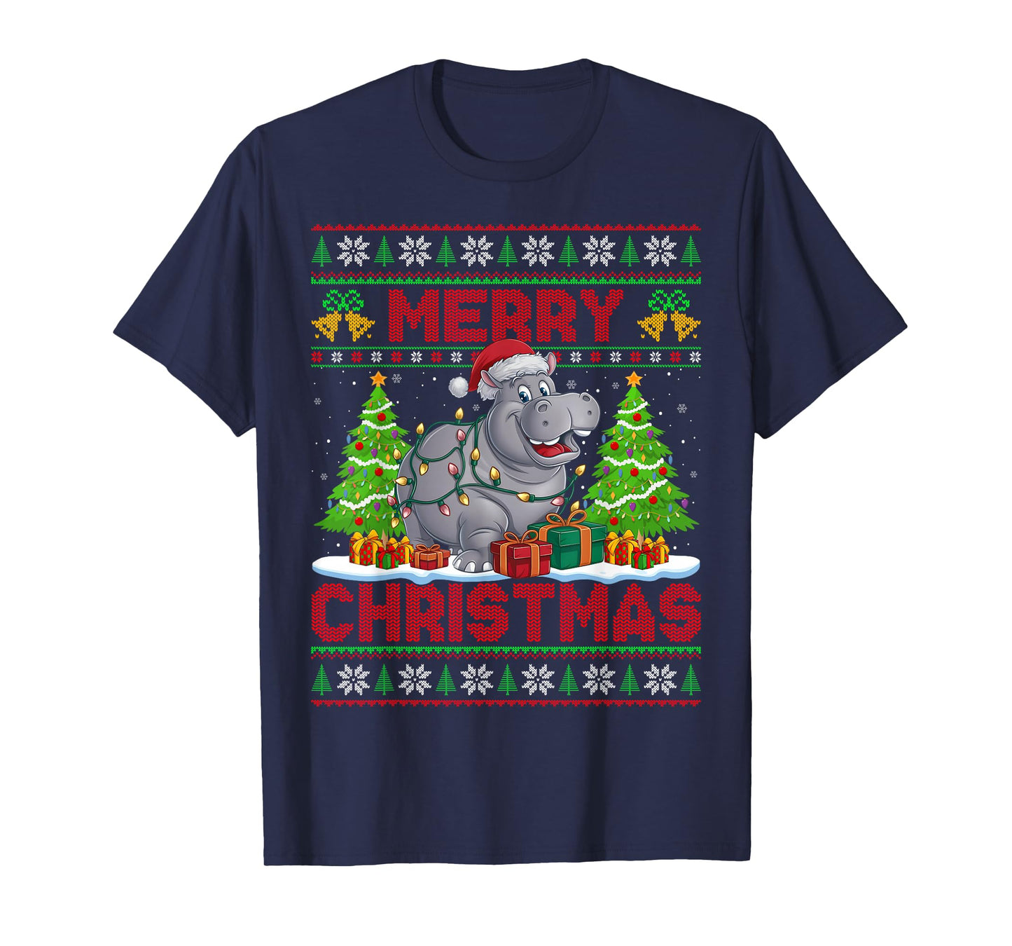 Hippo Ugly Christmas Sweaters Funny Santa Hat Lights Xmas T-Shirt