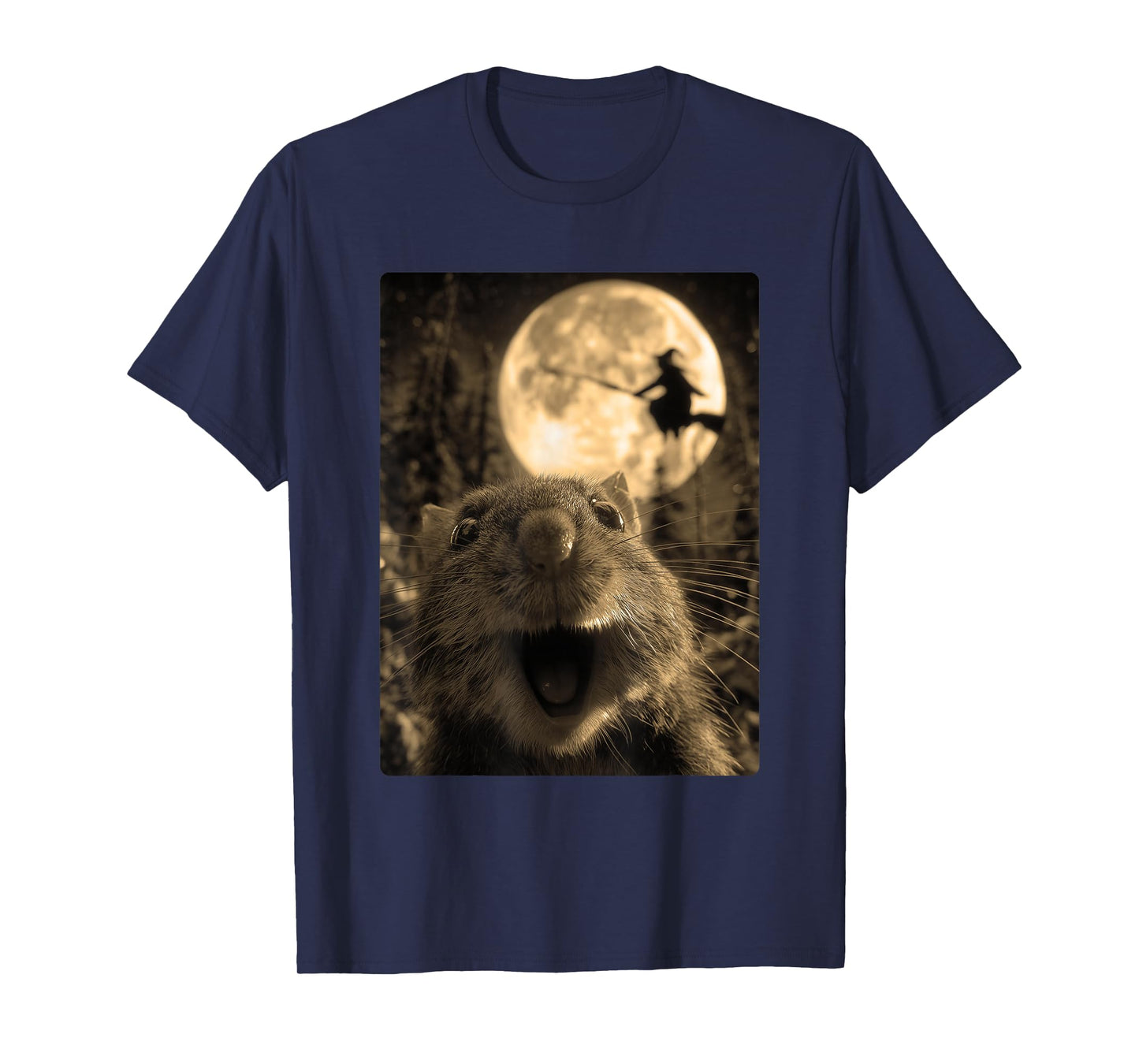 Funny Hamster Selfie Full Moon Flying Witch Forest Halloween T-Shirt