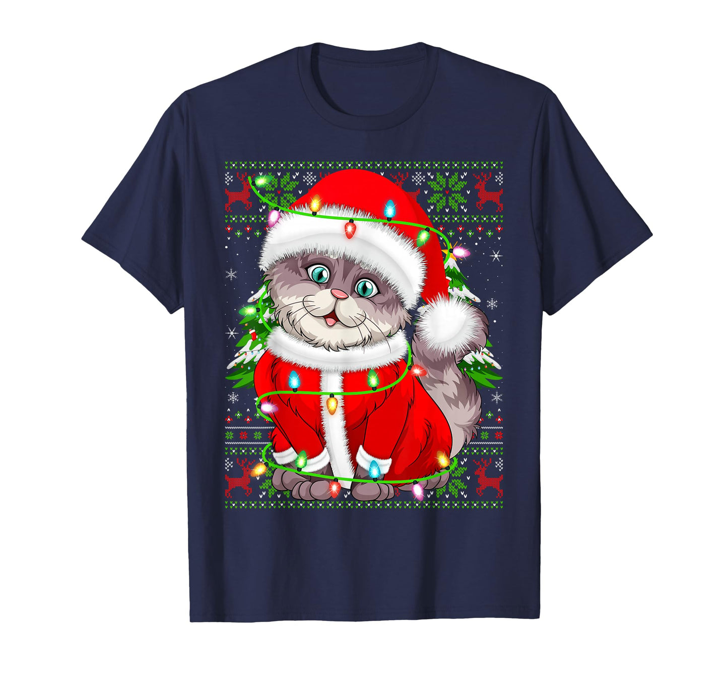 Cat Christmas Lights Santa Costume Cat Ugly Xmas Sweaters T-Shirt