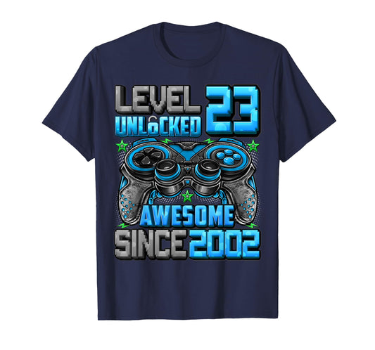 Level 23 Unlocked Awesome Since 2002 23rd Birthday Gaming T-Shirt