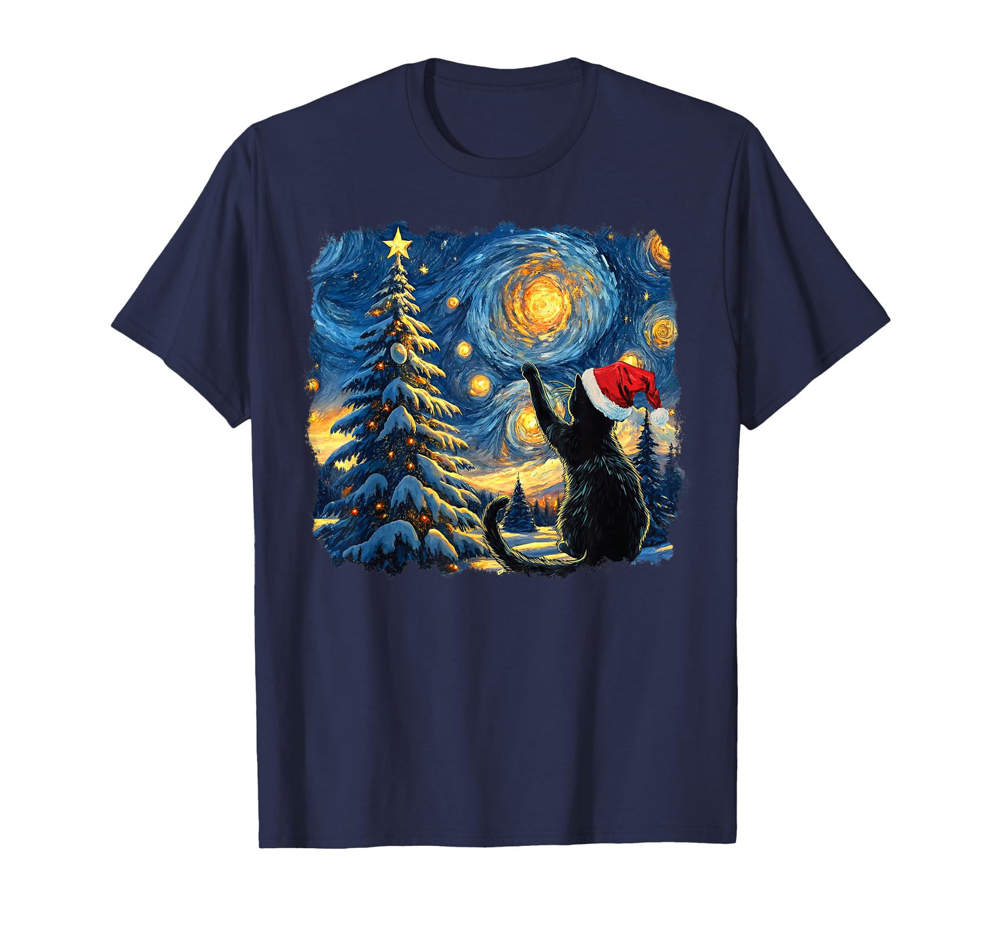 Cat Starry Night Van Gogh Christmas Black Cat Santa Hat T-Shirt