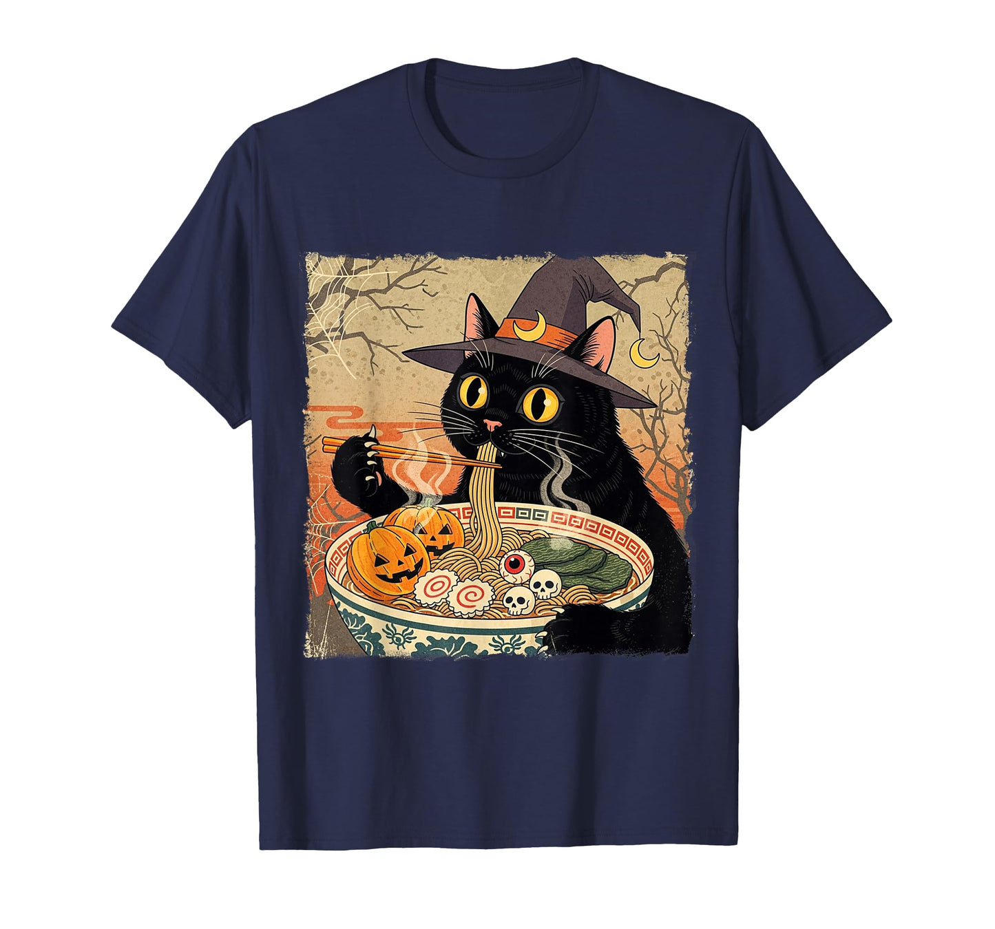 Funny Spooky Ramen Witch Cat Retro Japanese Halloween T-Shirt
