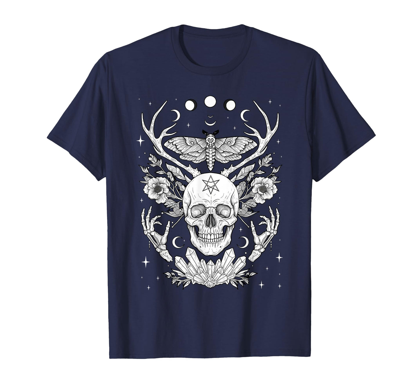 Nature Witch Skull and Death's Head Moth, Moons & Crystals T-Shirt