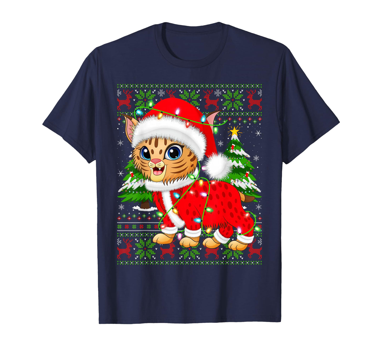 Bobcat Lynx Christmas Lights Santa Costume Ugly Xmas Sweater T-Shirt