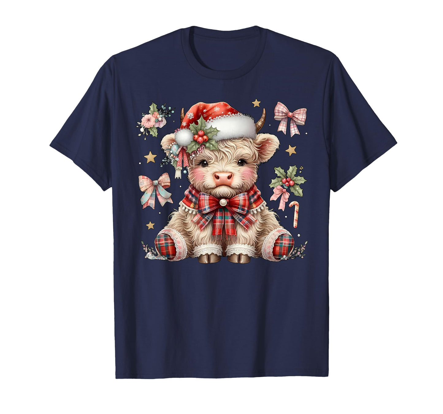 Patchwork Coquette Christmas Highland Cow Santa Hat Western T-Shirt