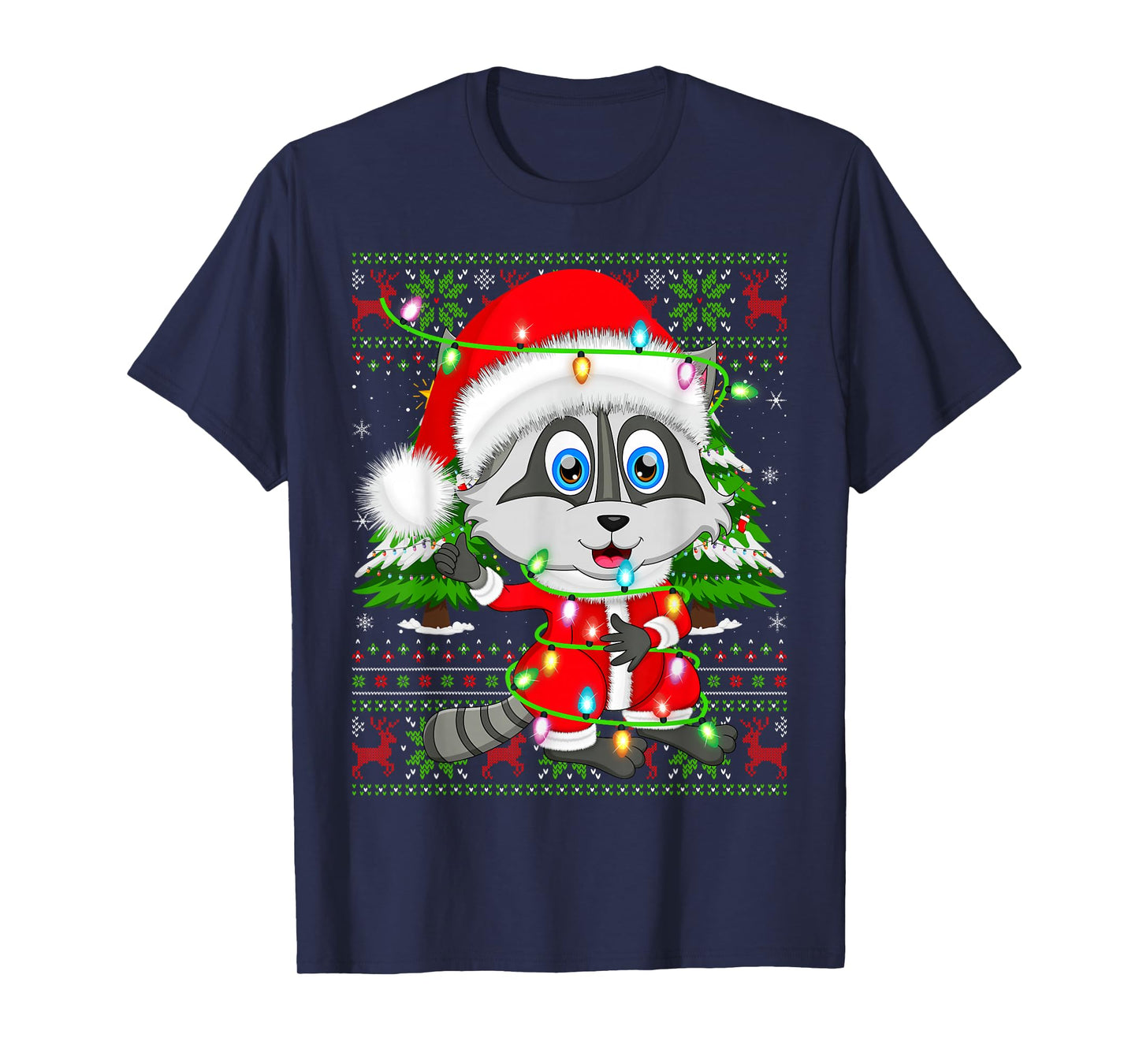 Raccoon Christmas Lights Santa Costume Ugly Xmas Sweaters T-Shirt