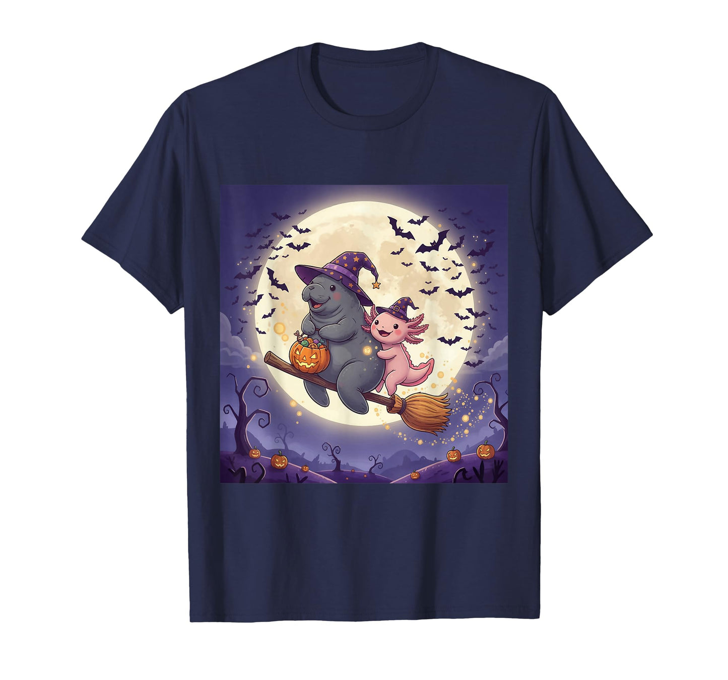 Axolotl and Manatee Witch Hat Pumpkin Halloween Costume T-Shirt
