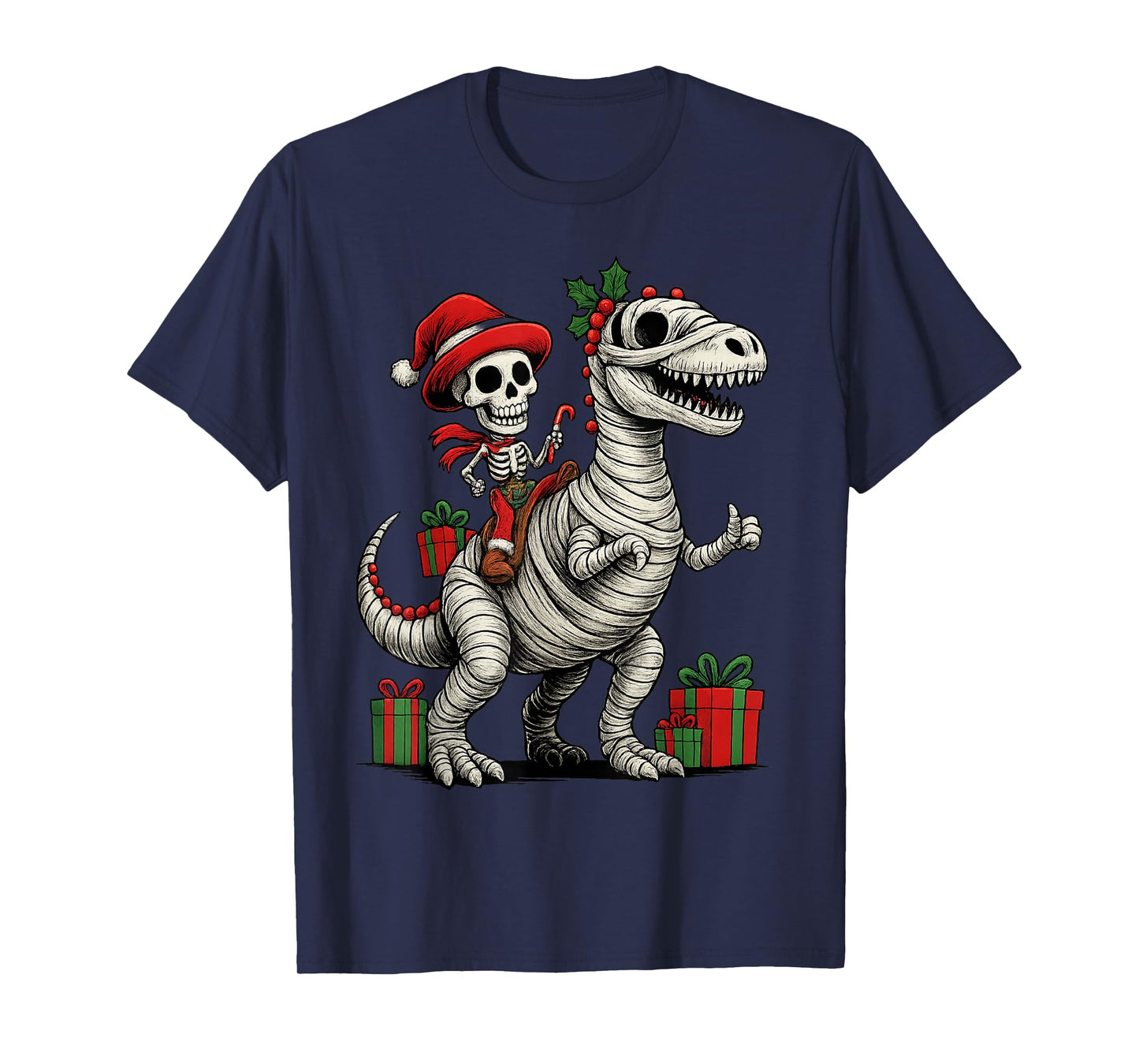 Skeleton Dinosaur Ugly Christmas Party Winter Holiday Season T-Shirt