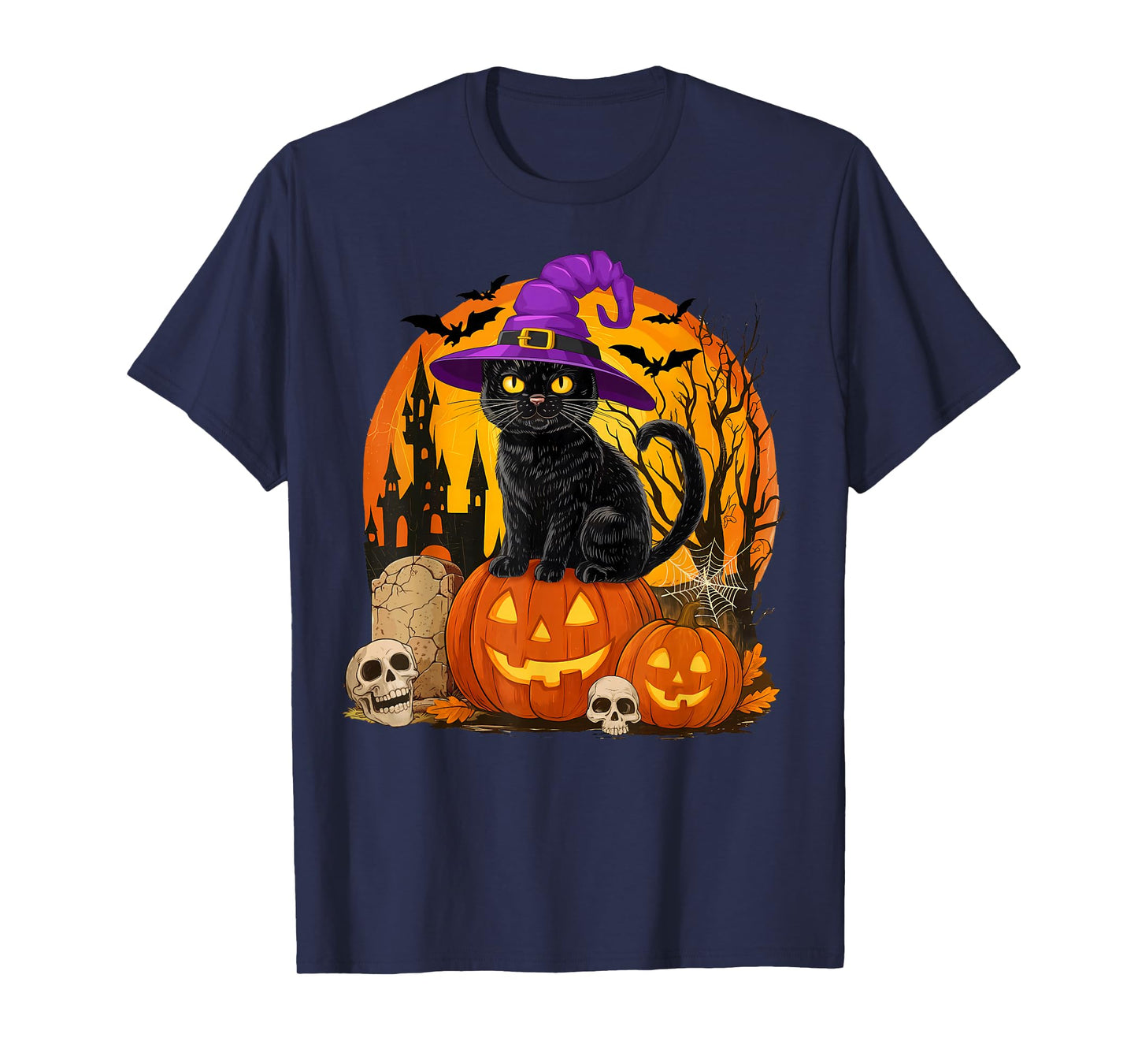 Vintage Black Cat Witch Pumpkin Halloween Men Women Kids T-Shirt