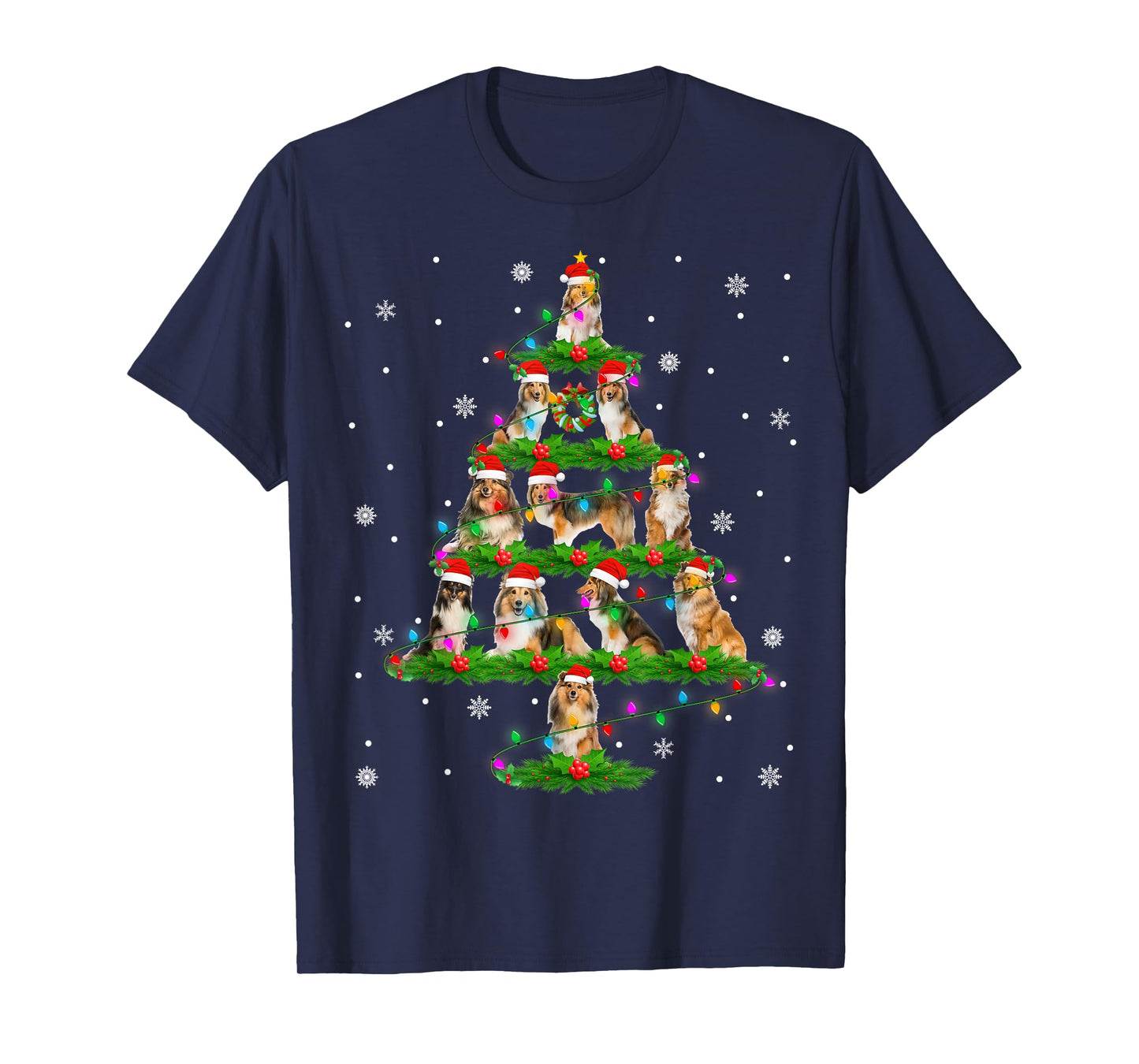 Shetland Sheepdog Christmas Tree Lights Santa Sheltie Xmas T-Shirt