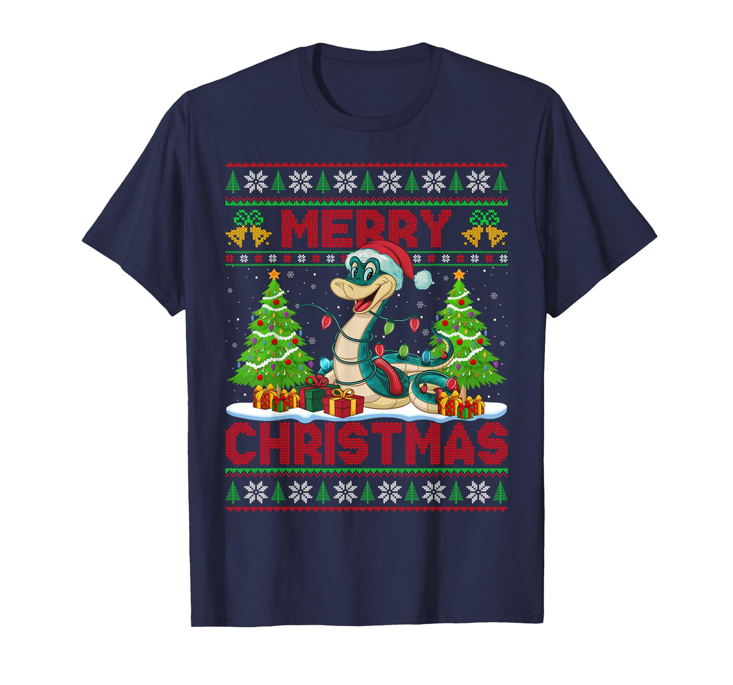 Snake Ugly Christmas Sweaters Funny Santa Hat Lights Xmas T-Shirt