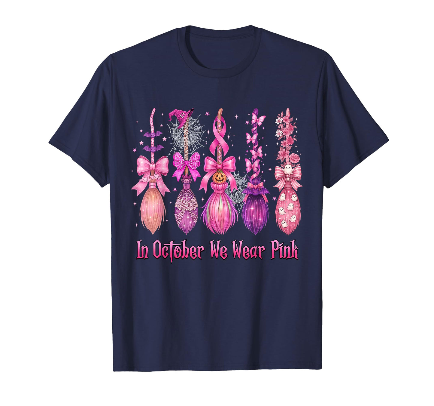 in October We Wear Pink Witch Broom Halloween Breast Cancer T-Shirt