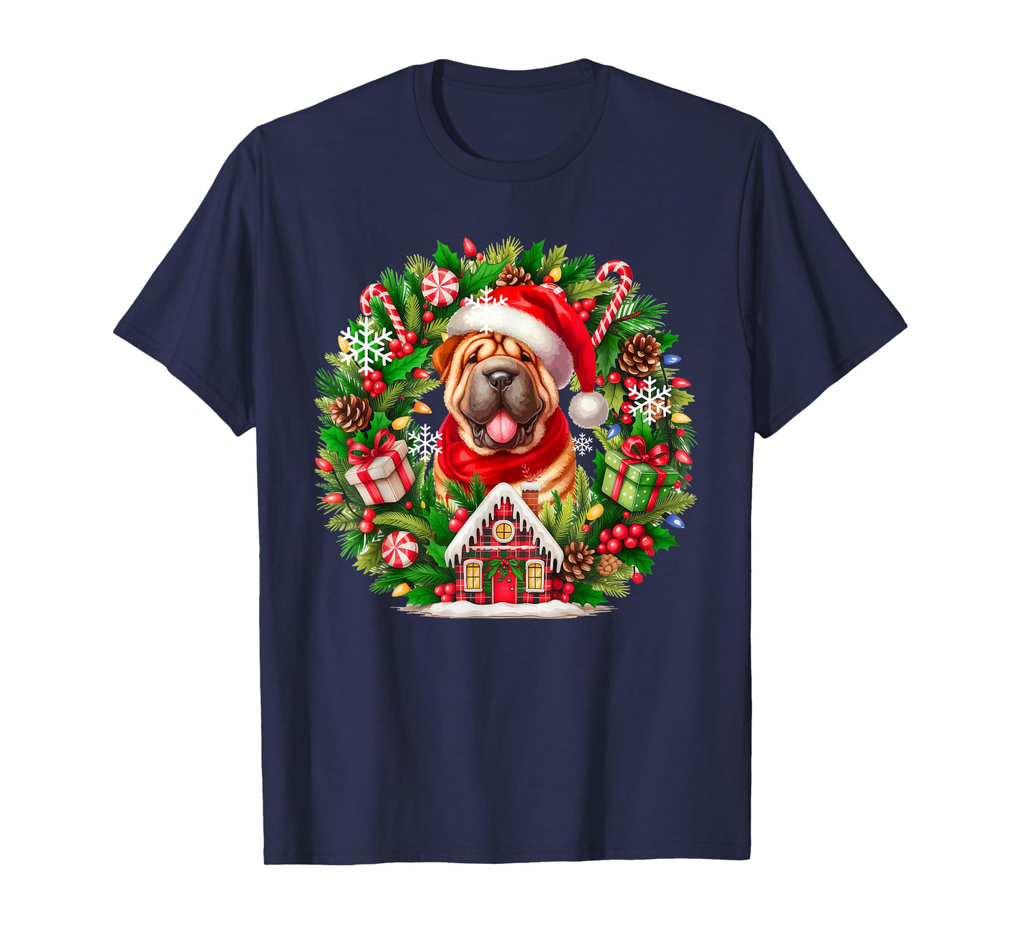 Santa Shar Pei Christmas Floral Circle Matching Owner Kids T-Shirt