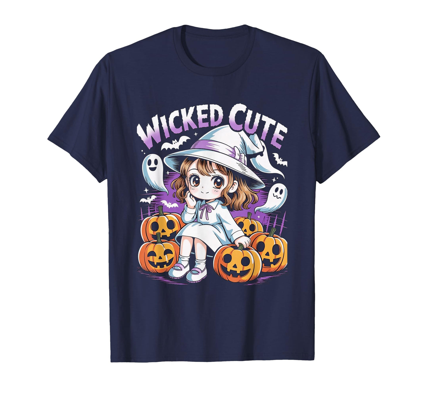 Halloween Anime Cute Witch Girls Pumpkin Bats Ghosts Kids T-Shirt