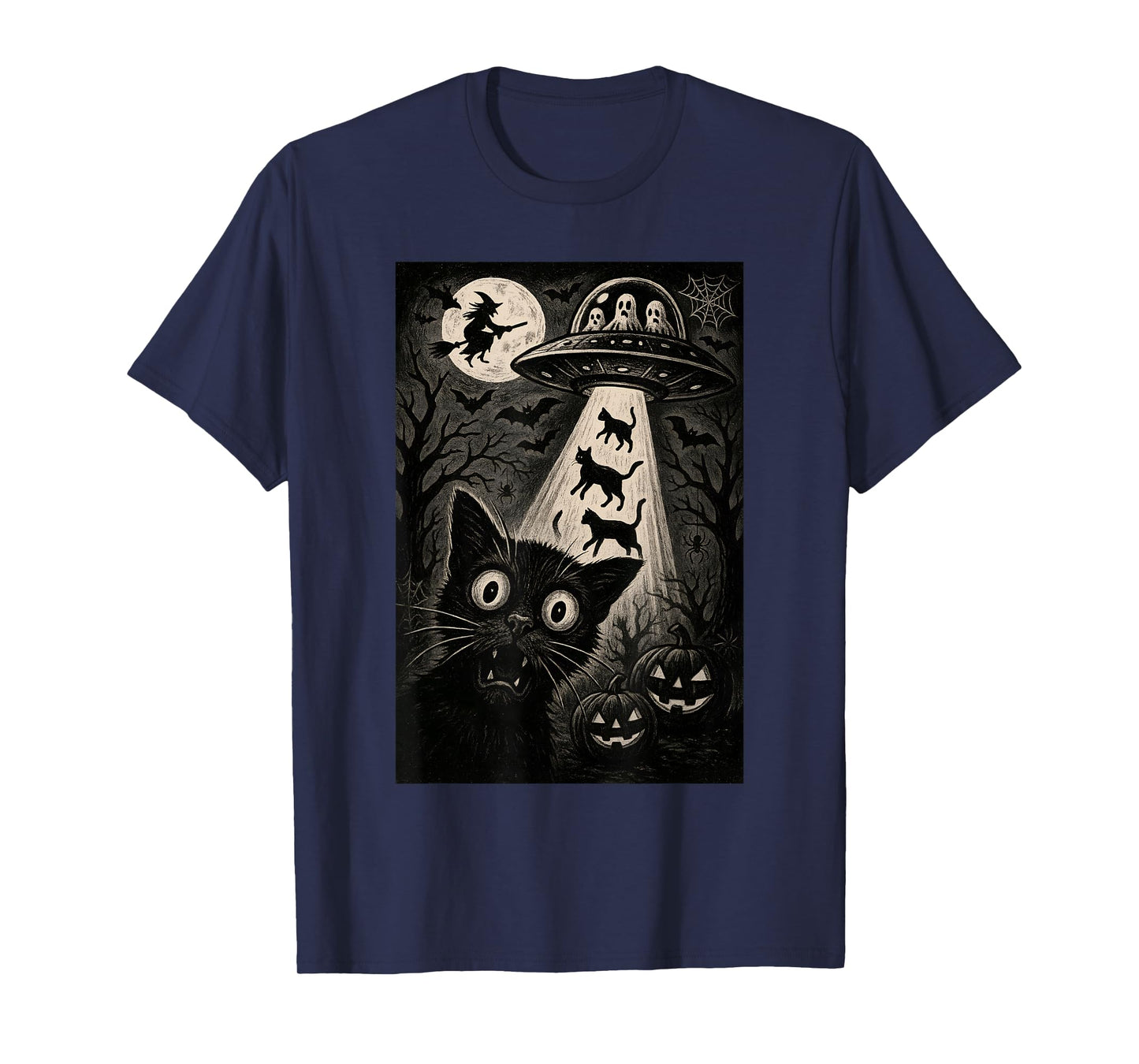 Halloween Cat Selfie Spooky Night Alien Abduction Cats UFO T-Shirt