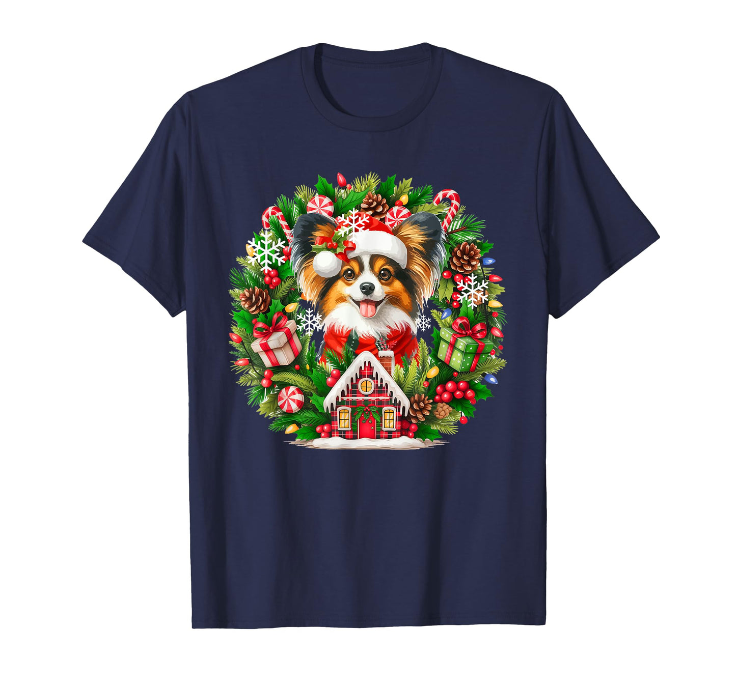 Santa Papillon Christmas Floral Circle Matching Owner Kids T-Shirt