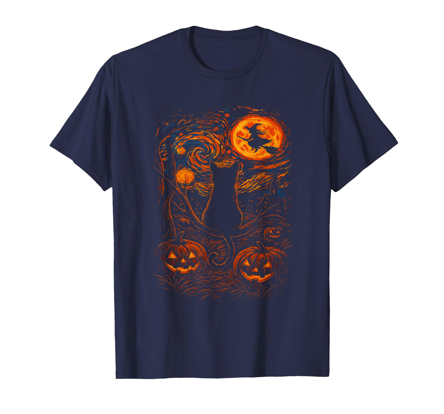 Halloween Black Cat Starry Night Witch Pumpkin Moon T-Shirt