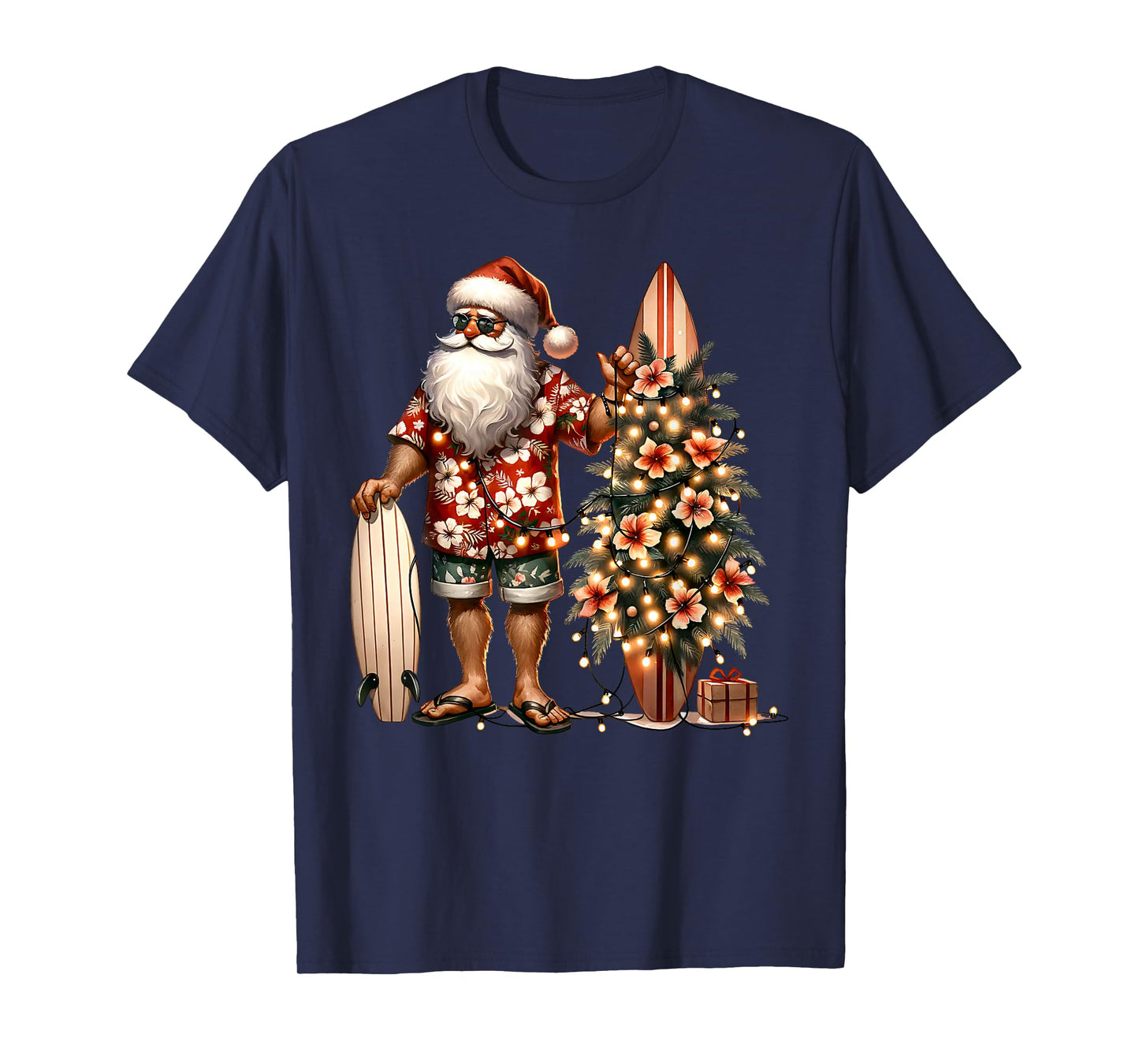 Tropical Christmas Santa Surfing Beach Hibiscus Xmas Lights T-Shirt