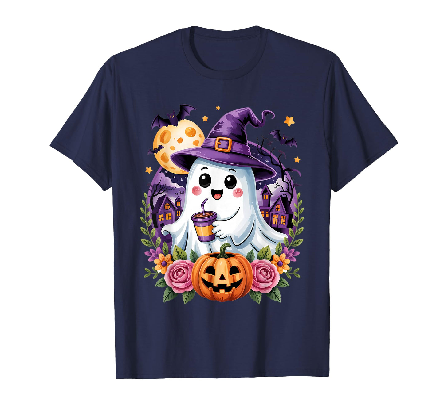 Cute Ghost Witch Pumpkin Floral Halloween Spooky Bloom Boo T-Shirt