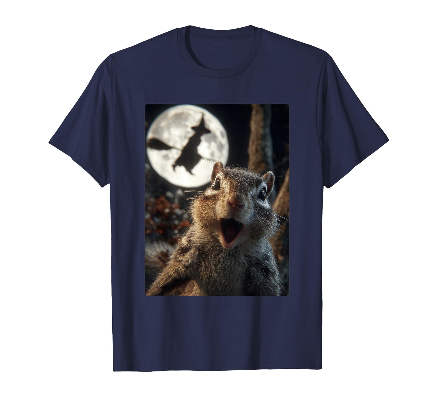 Funny Chipmunk Selfie with Full Moon Flying Witch Halloween T-Shirt