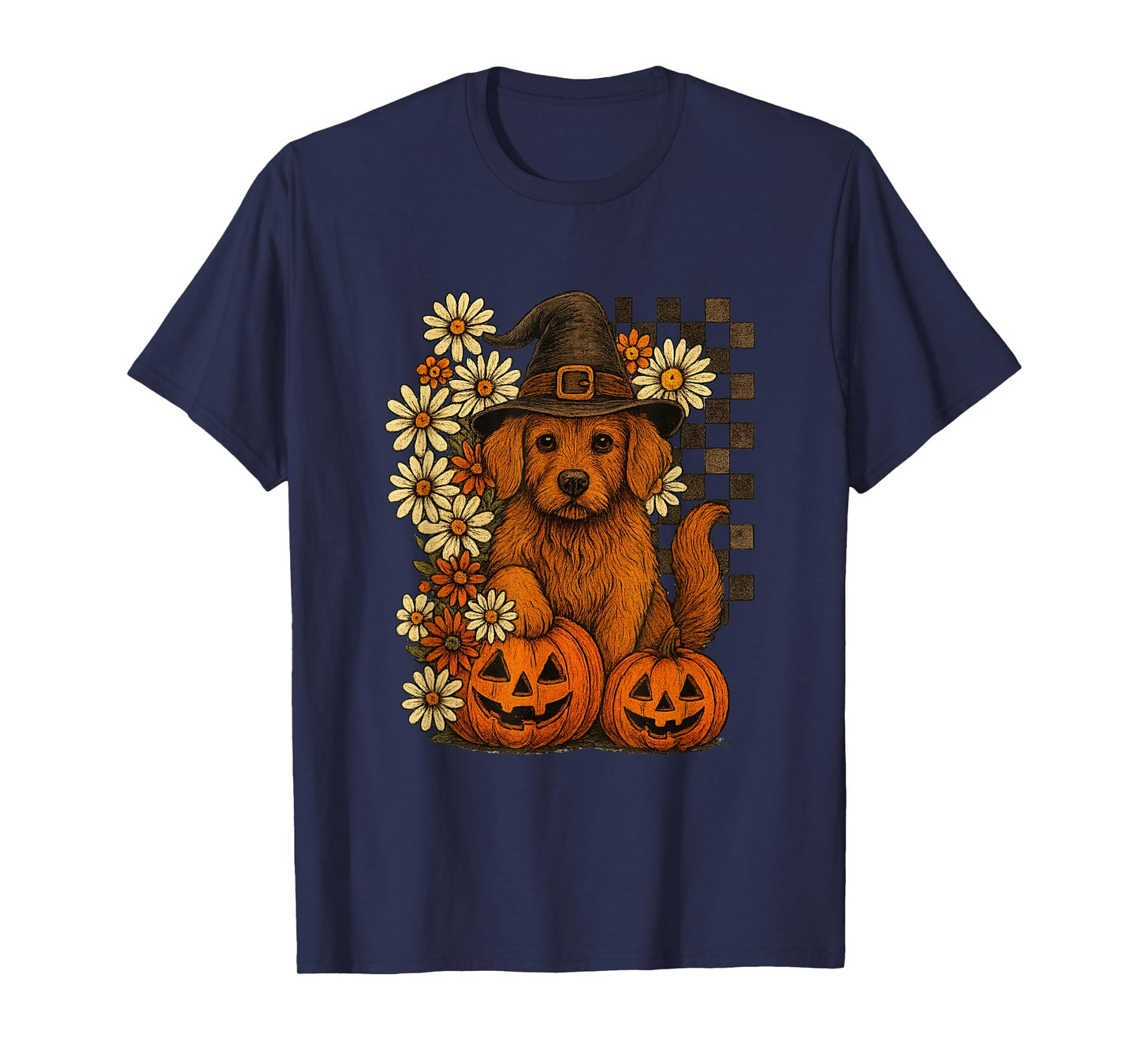 Cute Halloween Dog Witch Hat Pumpkins Fall Flowers T-Shirt