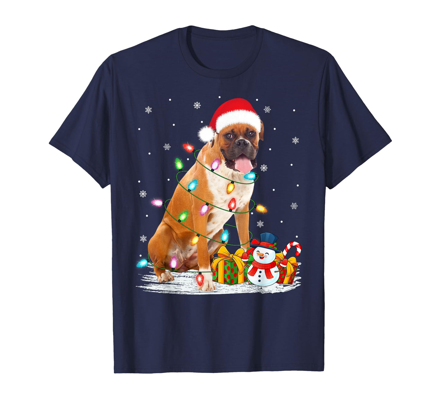 Boxer Dog Christmas Lights Holiday Santa Hat Xmas T-Shirt