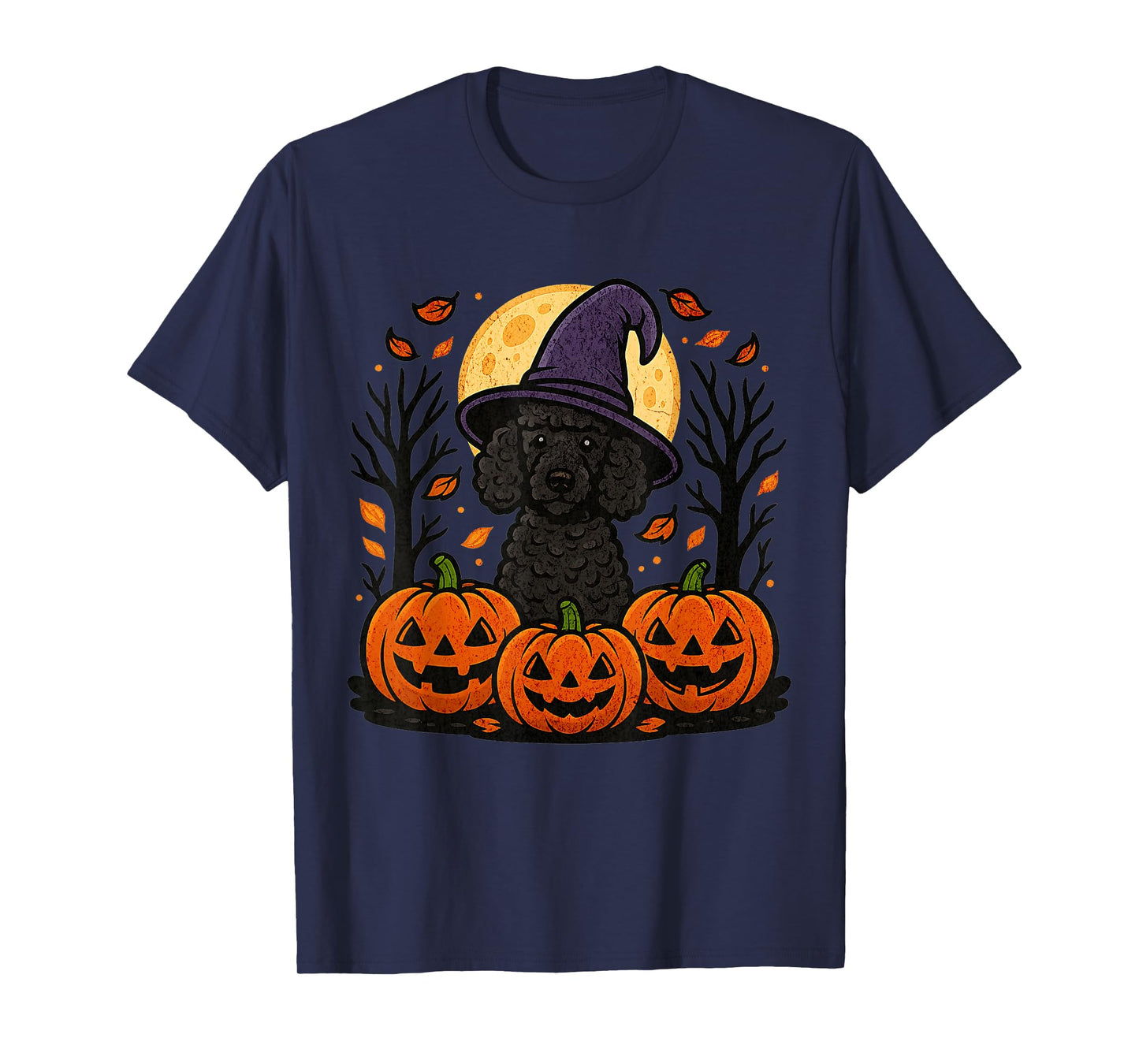 Halloween Black Poodle Witch Hat Pumpkins Autumn Leaves T-Shirt
