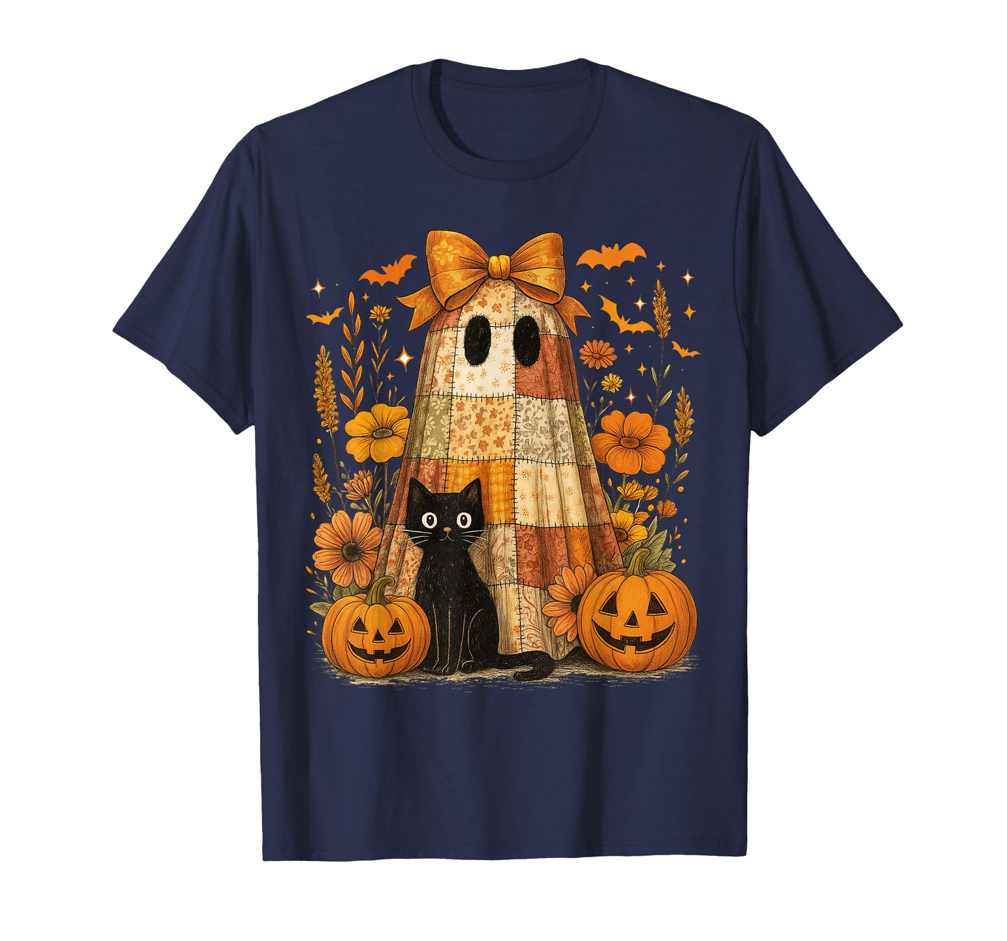 Vintage Halloween Ghost Black Cat Patchwork Floral Women Kid T-Shirt
