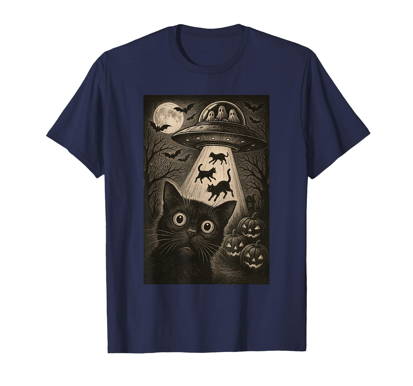 Halloween Cat Selfie Scary Alien Abduction Cats UFO Flying T-Shirt