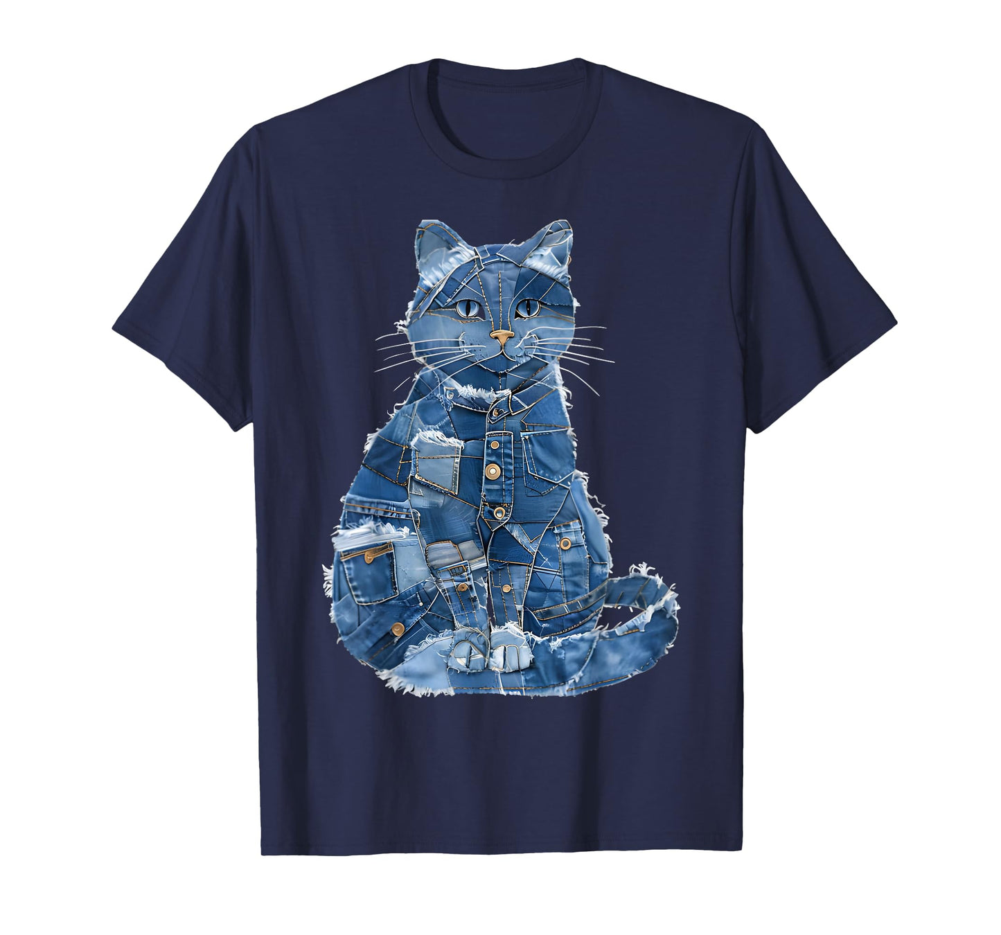 Retro Cat Pattern Denim Patchwork Graphic Art T-Shirt for Men Women