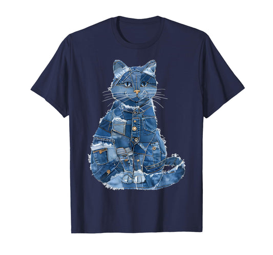 Retro Cat Pattern Denim Patchwork Graphic Art T-Shirt for Men Women