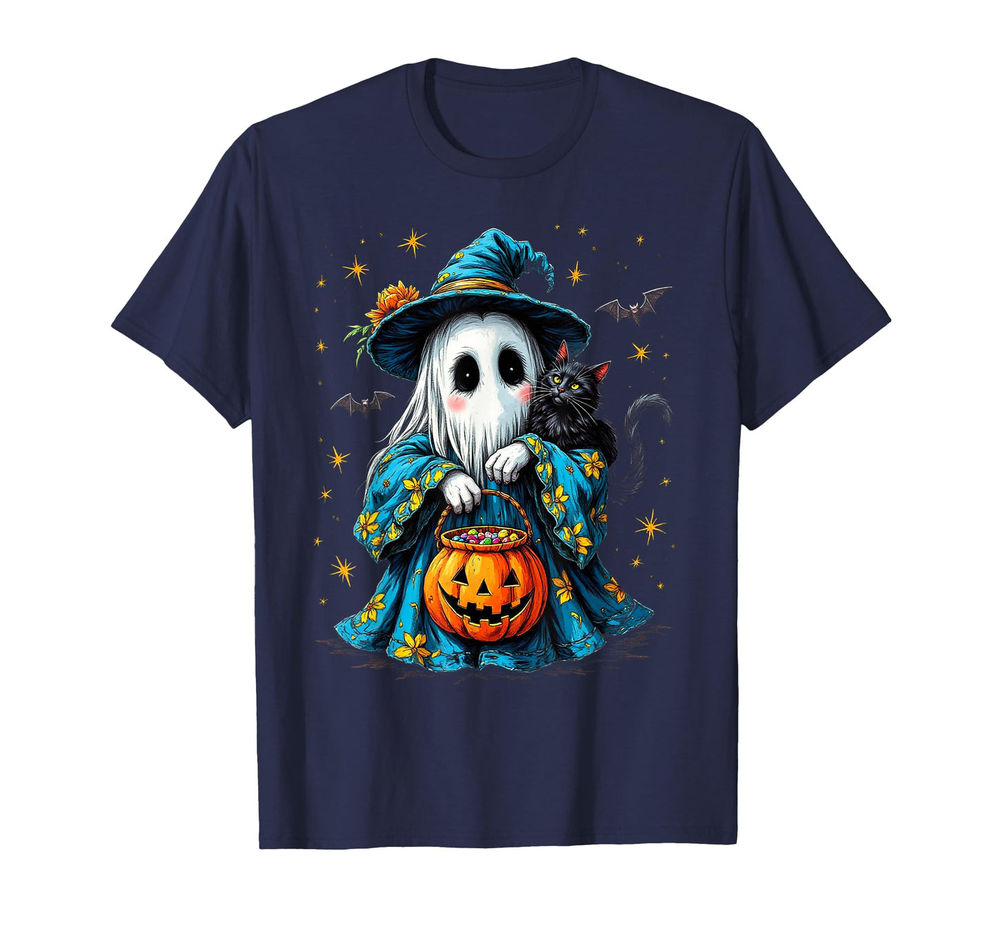 Ghost Holding Black Cat Lover Halloween 2025 Groovy Floral T-Shirt