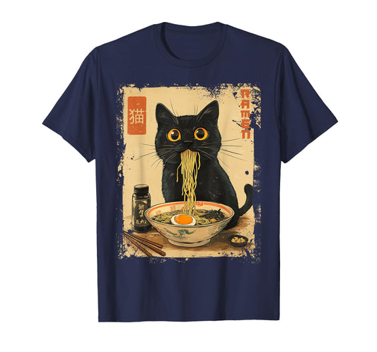 Dirhame Funny Japanese Cat Ramen Anime Kawaii Cat Eating Ramen Noodles T-Shirt, Unisex-Adults, Anime Fans, Girls, Young Females, Black, Small, Short Sleeve, T-Shirt