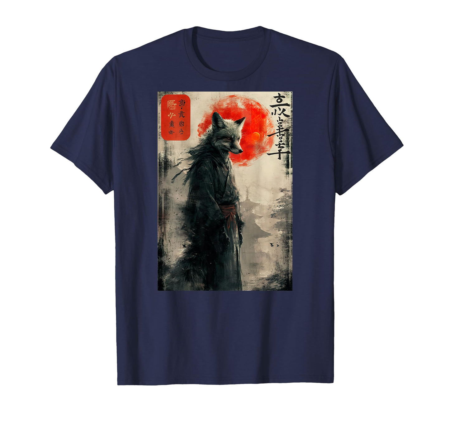 Japanese Woodblock art of a Samurai Fox with Japanese (BACK) T-Shirt
