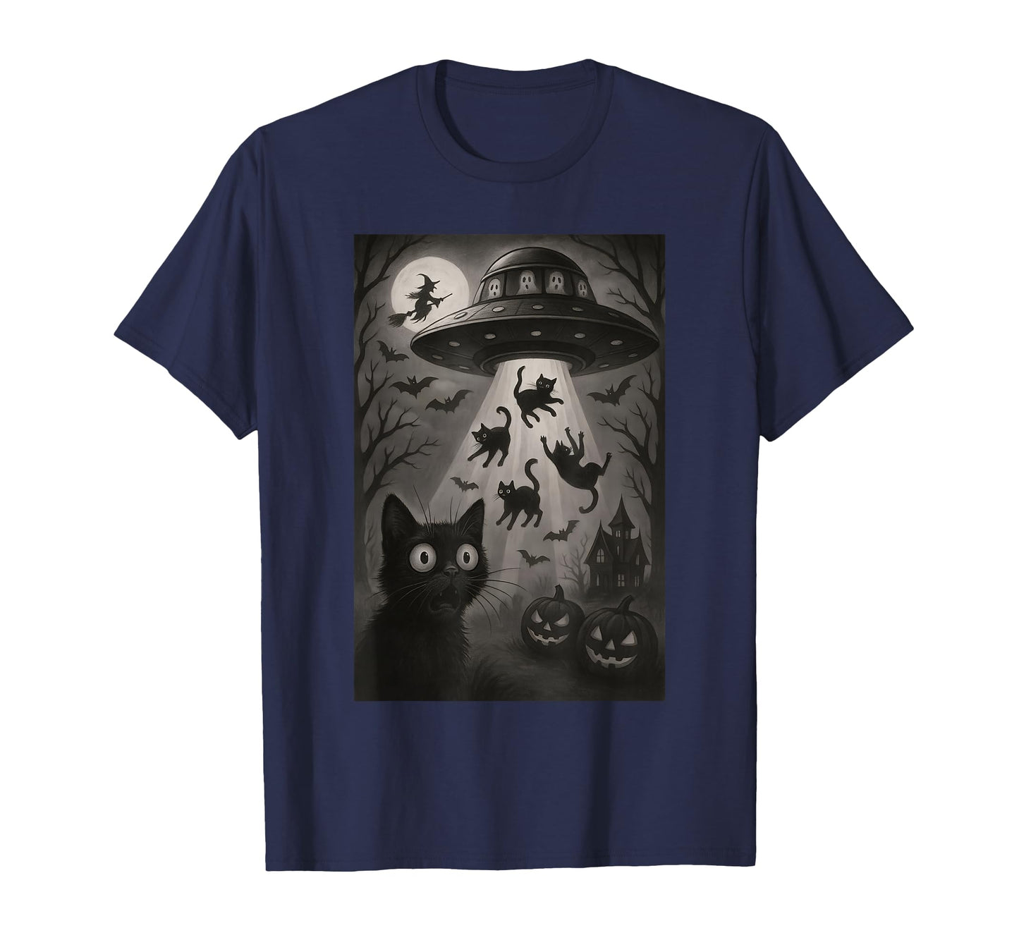 Halloween Cat Selfie Spooky Night Alien Abduction Cats UFO T-Shirt