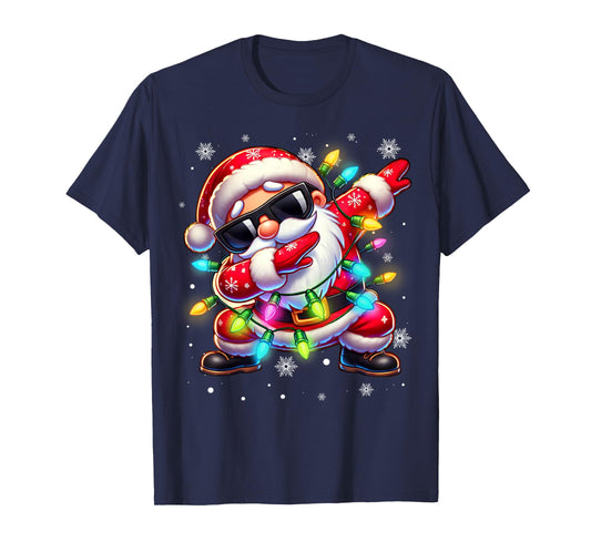 Dabbing Santa Xmas Lights Boys Men Kids Funny Christmas T-Shirt