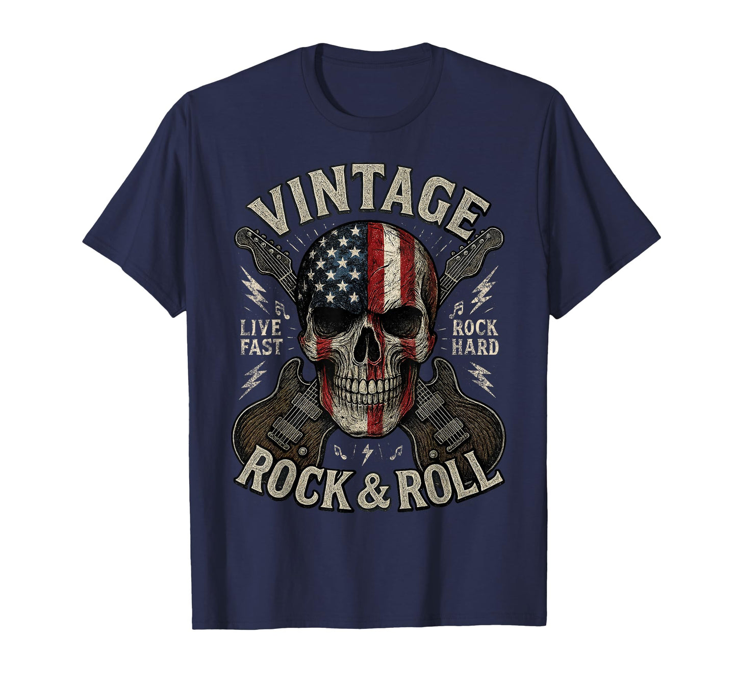 Vintage Rock Skull American Flag Guitar Retro Rock and Roll T-Shirt