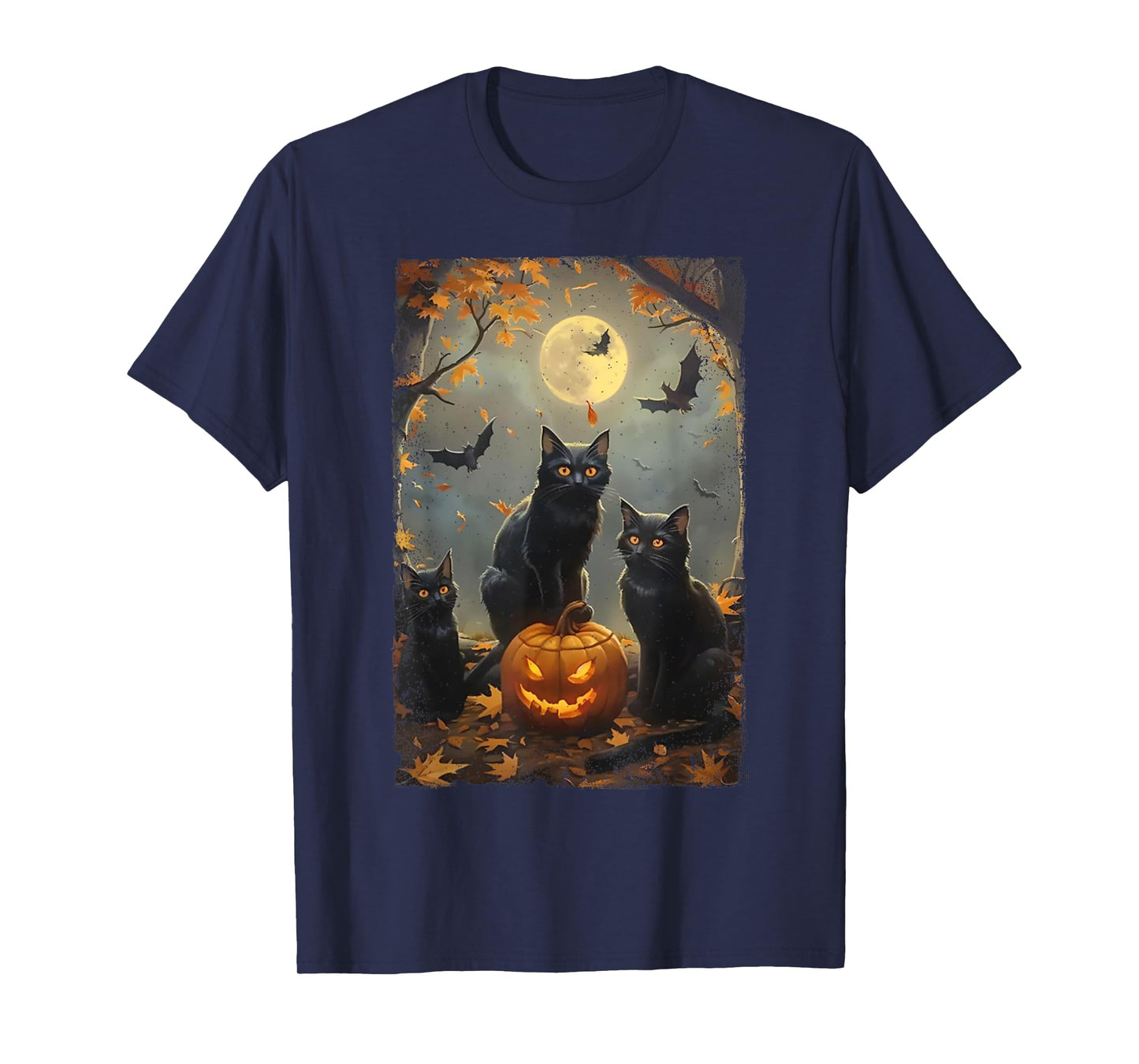 Vintage Three Black Cats Halloween Pumpkin Costume Cat Lover T-Shirt for Men Women Kids