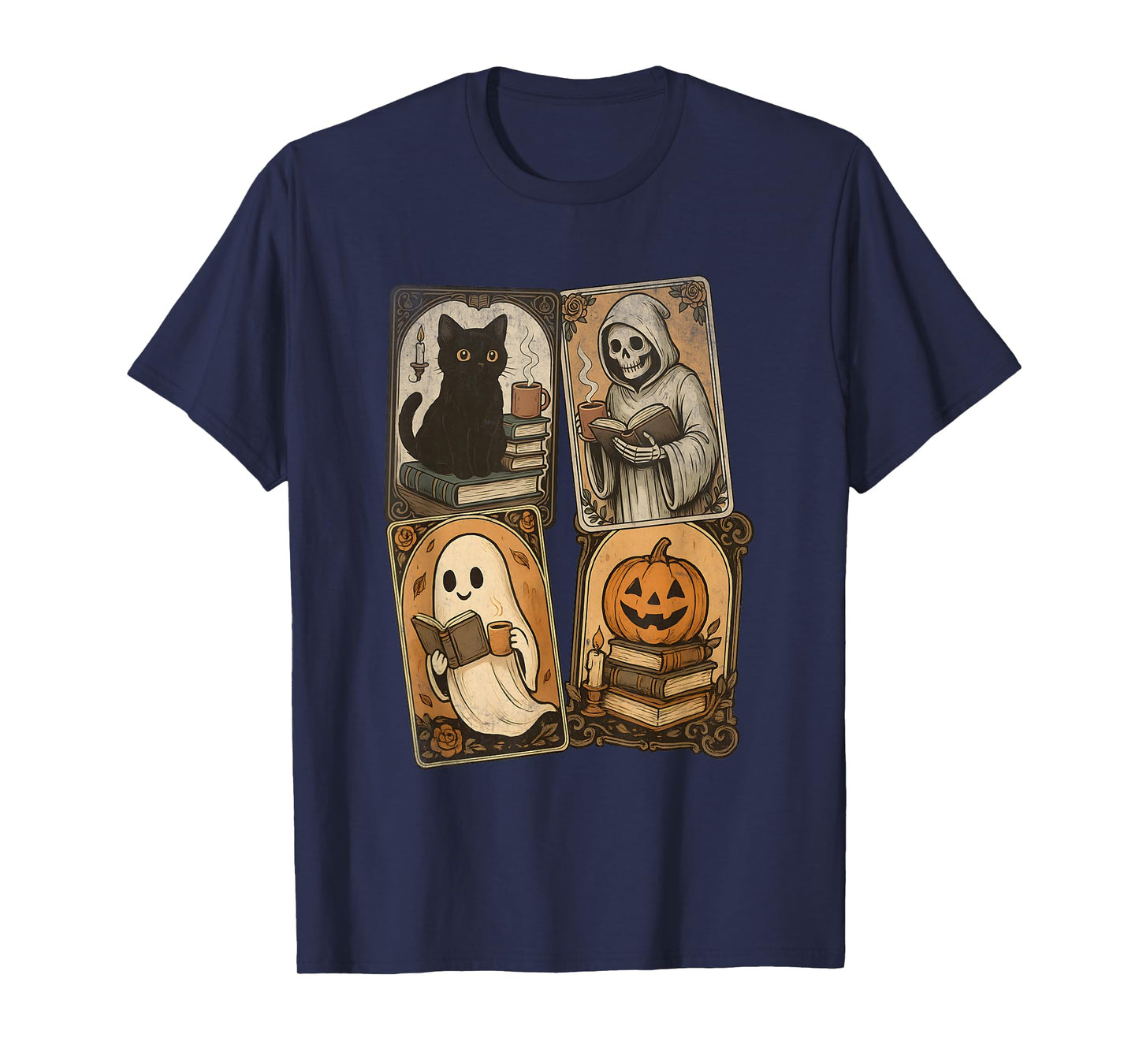 Ghost Reading Books Tarot Card Halloween Retro Vintage T-Shirt